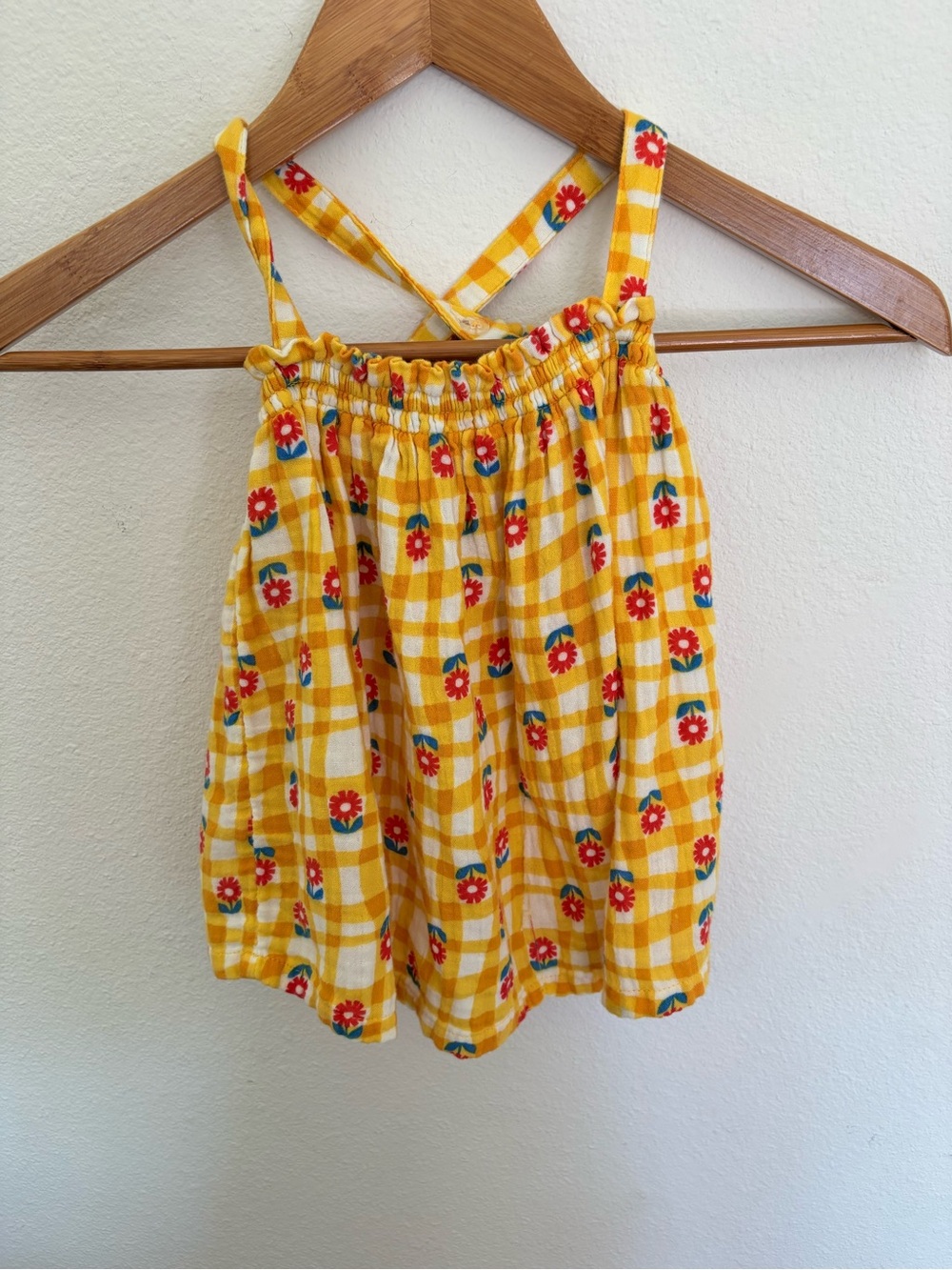 Hanna Andersson Yellow Gingham Floral top with Red Flowers